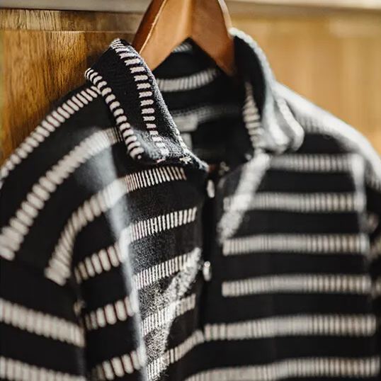 Maden Casual Striped Knitted Polo Shirt Idle Style Contrast Color Lapels Pullover Top