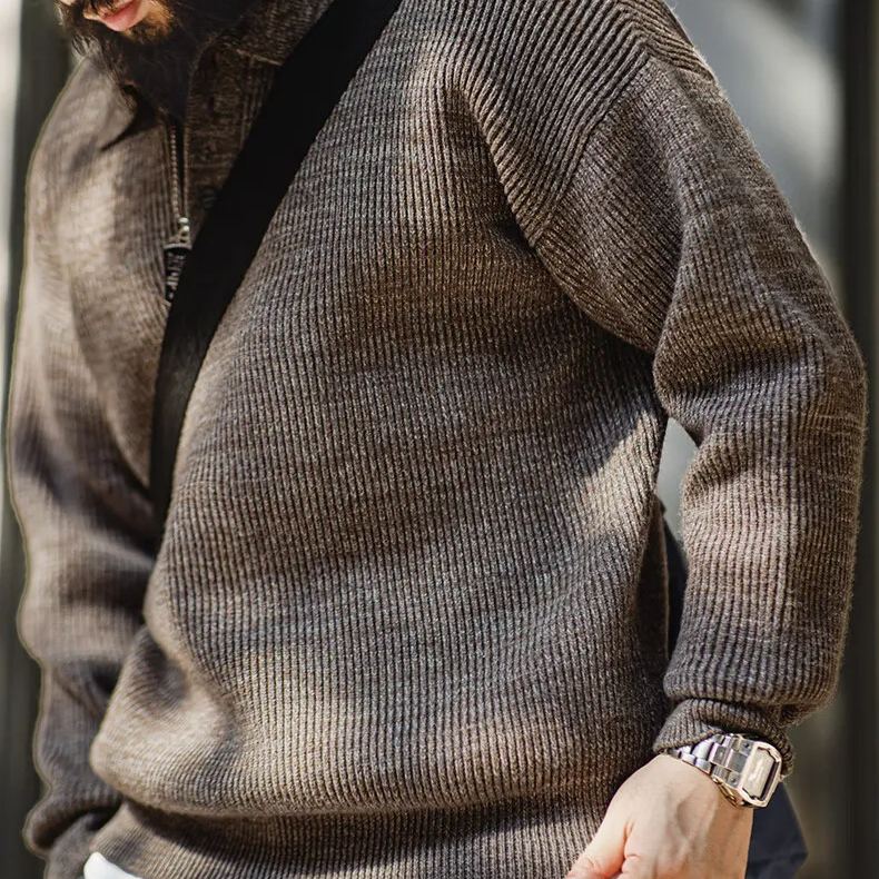 Maden Vintage Knitted Polo Sweater Lazy Style Loose Flip Collar Pullover Heather Sweater