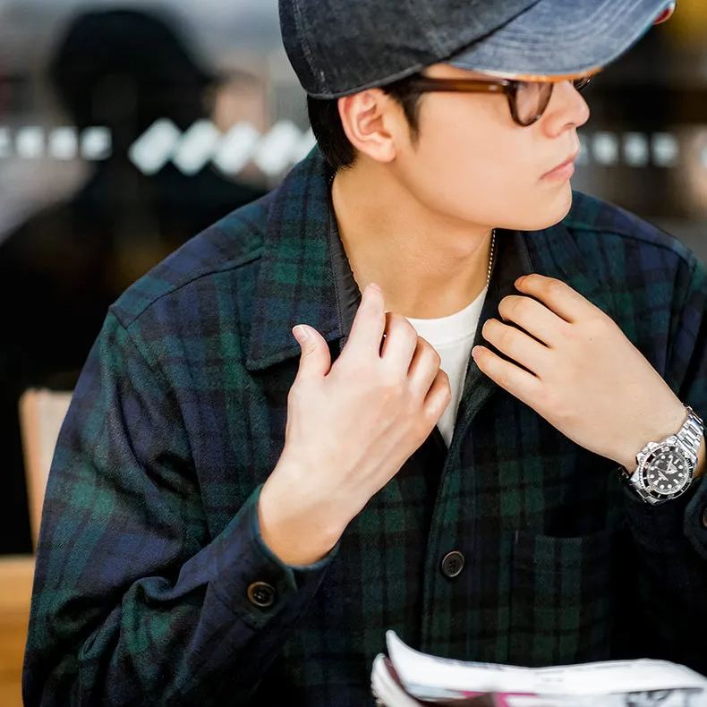 Maden Japanese retro blue-green plaid wool jacket loose and thick plaid shirt jacket