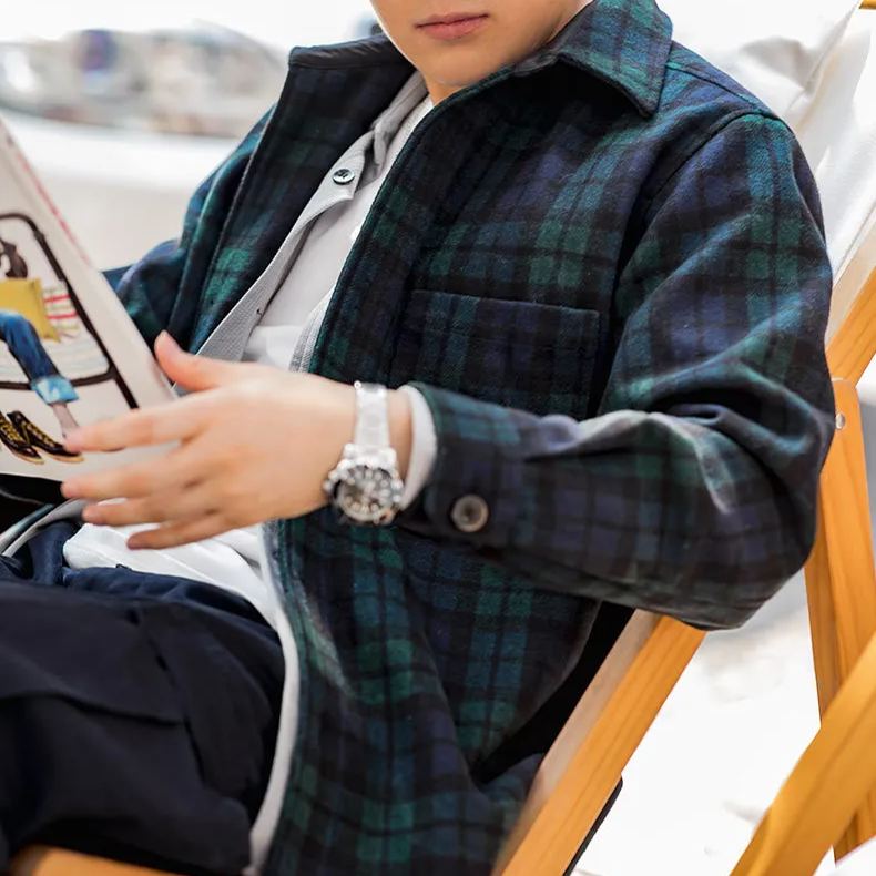 Maden Japanese retro blue-green plaid wool jacket loose and thick plaid shirt jacket