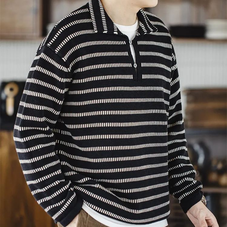 Maden Casual Striped Knitted Polo Shirt Idle Style Contrast Color Lapels Pullover Top