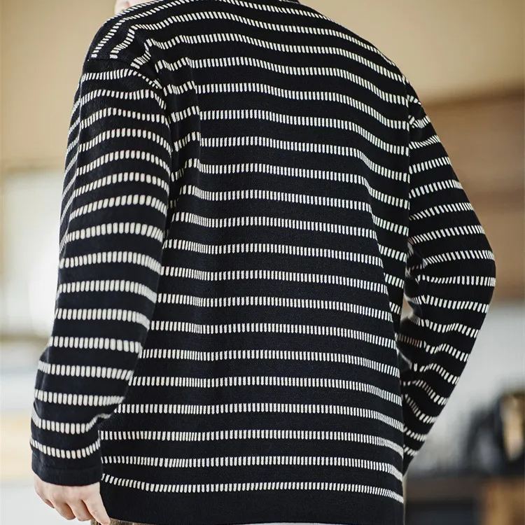 Maden Casual Striped Knitted Polo Shirt Idle Style Contrast Color Lapels Pullover Top