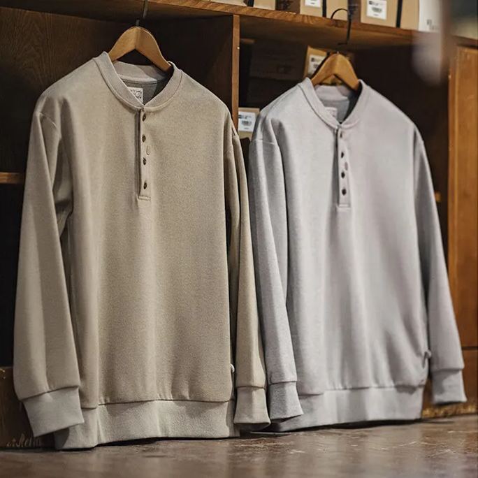 Maden casual Henry collar woolen hoodie gray cleanfit long sleeved base sweater