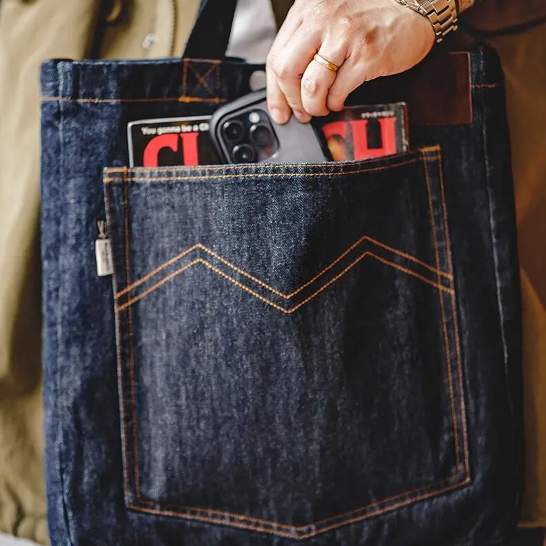 Maden Vintage Denim One Shoulder Crossbody Bag Denim Embroidery Large Capacity Handheld Flat Tote Bag