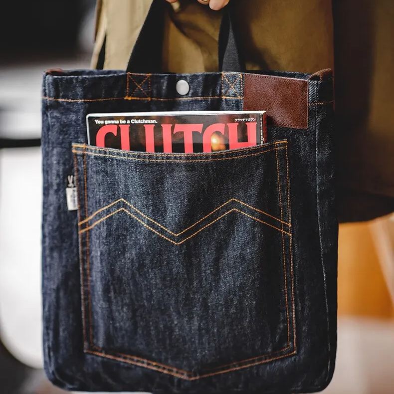 Maden Vintage Denim One Shoulder Crossbody Bag Denim Embroidery Large Capacity Handheld Flat Tote Bag