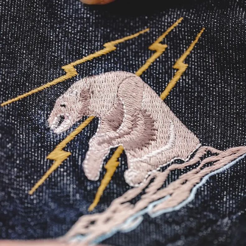 Maden Vintage Denim One Shoulder Crossbody Bag Denim Embroidery Large Capacity Handheld Flat Tote Bag