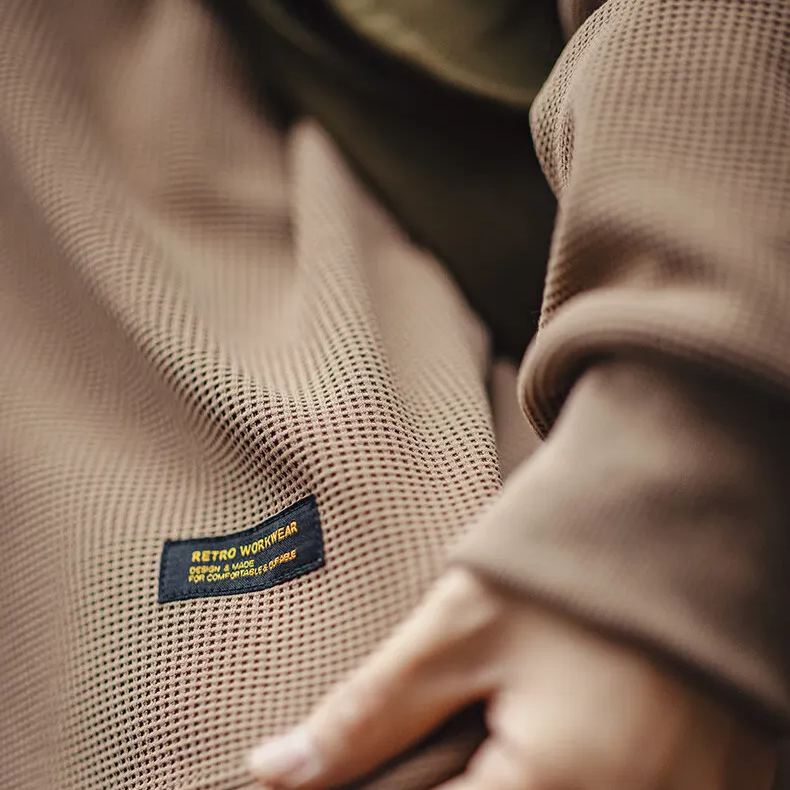 Maden Mountain outdoor waffle hoodie with functional drape and versatile round neck long sleeved T-shirt