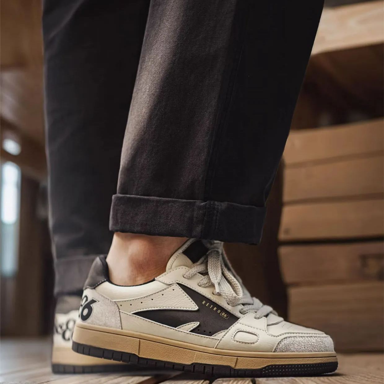 Maden's new cracked board shoes are versatile for men's casual sports retro white shoes