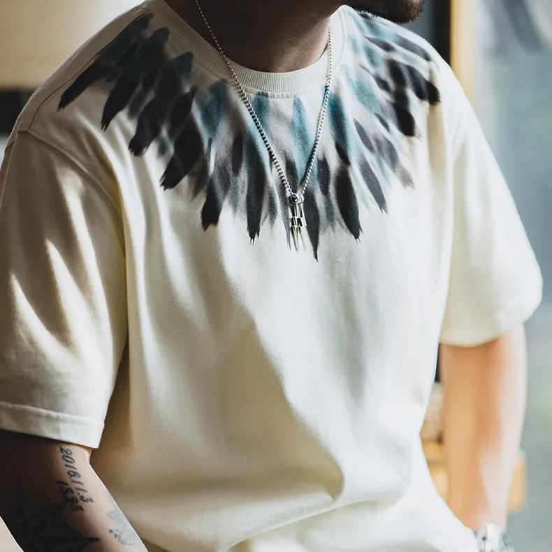 Maden Retro Indian feather print short sleeved distressed loose ethnic style T-shirt