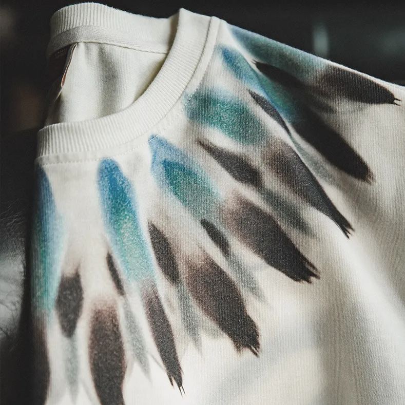 Maden Retro Indian feather print short sleeved distressed loose ethnic style T-shirt
