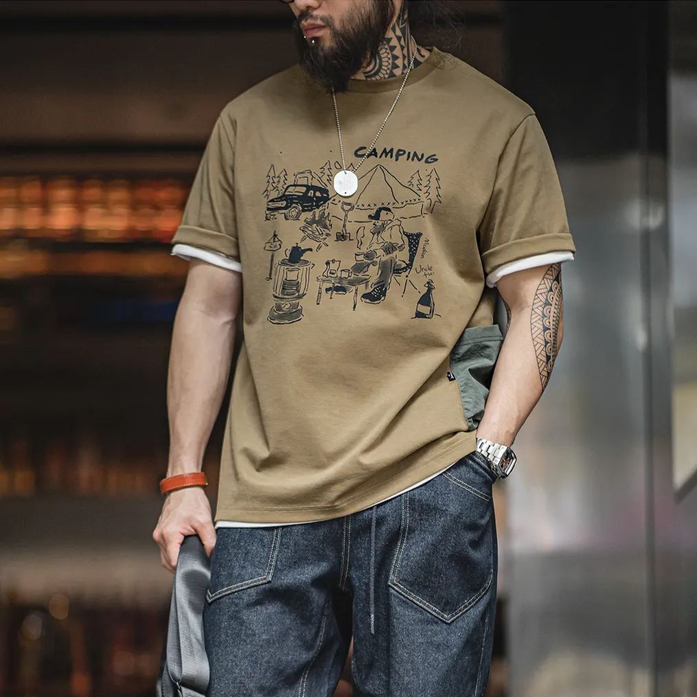 Maden Mountain outdoor fun printed short sleeved T-shirt with camping design sense, short sleeved