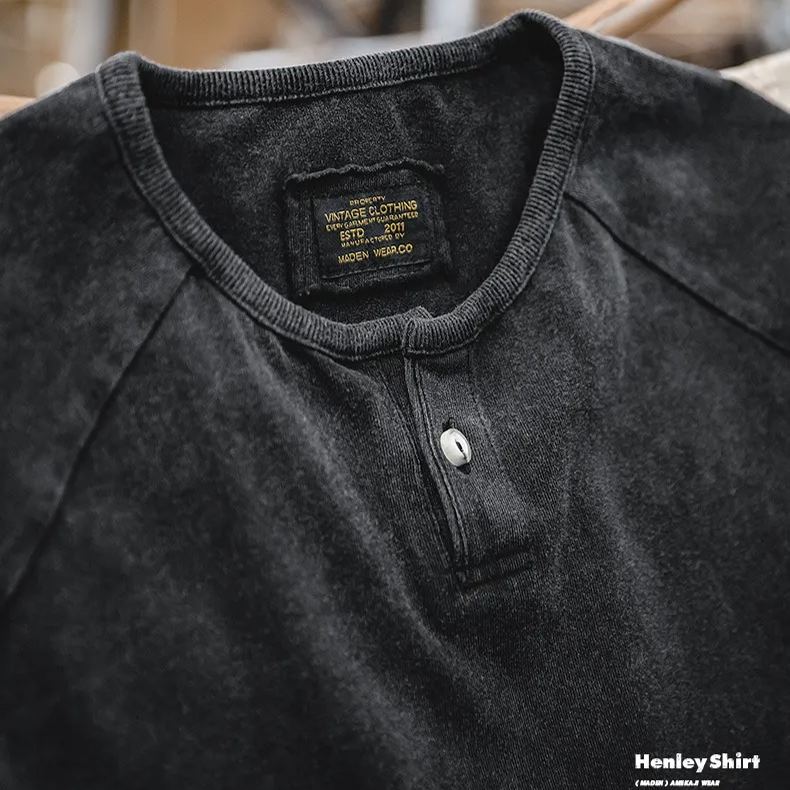 Maden Japanese retro distressed Henry neck elastic slim fit short sleeved T-shirt