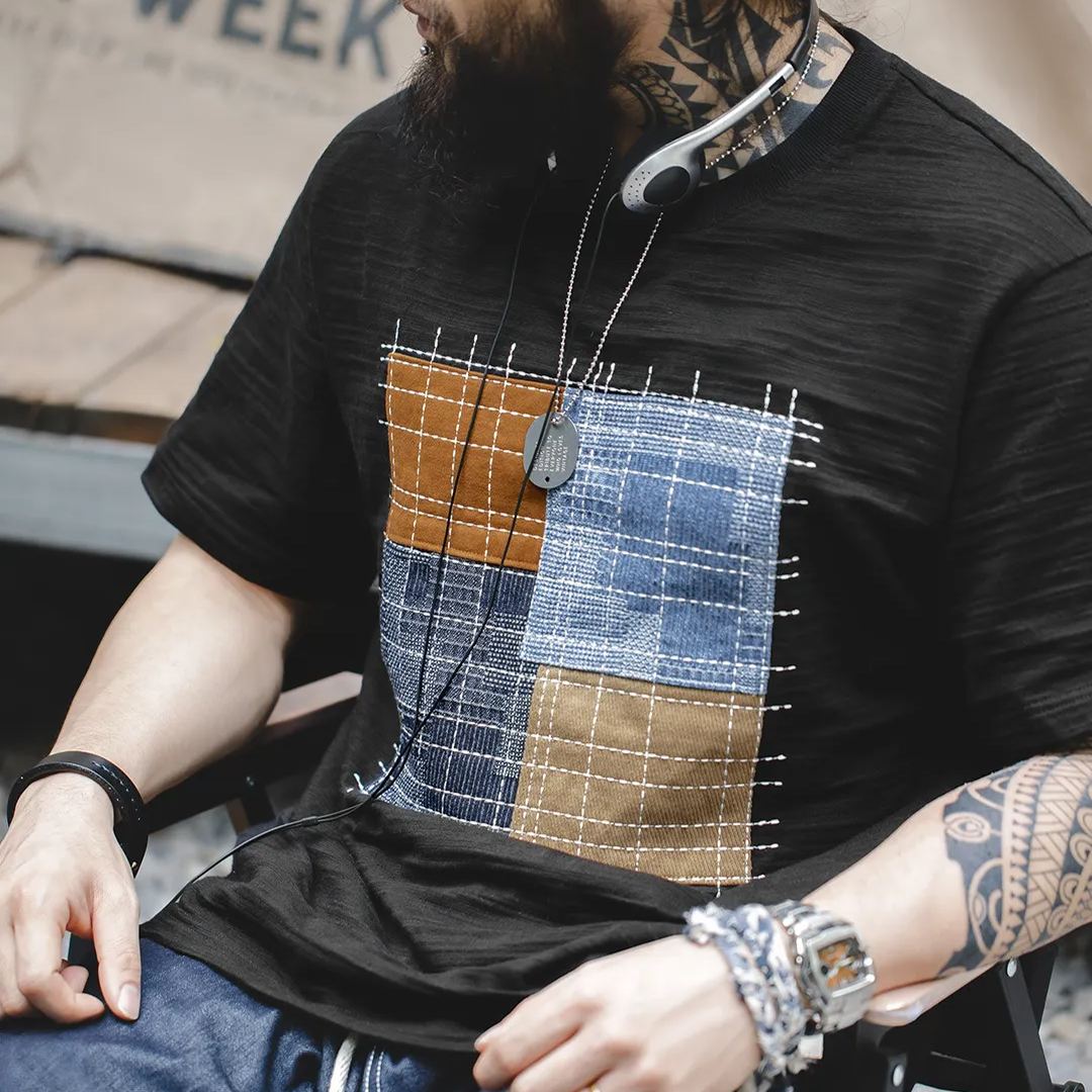 Maden Japanese retro contrasting patchwork pure cotton breathable short sleeved T-shirt