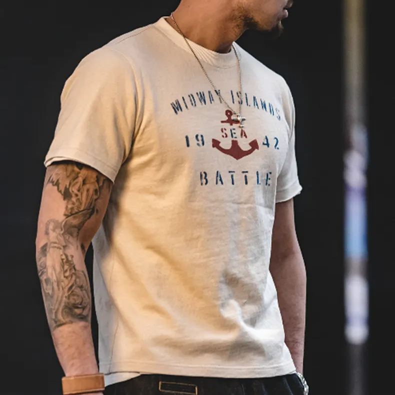Maden Vintage Boat Anchor Printed Letter Round Neck Half Sleeve T-shirt