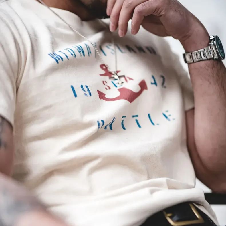 Maden Vintage Boat Anchor Printed Letter Round Neck Half Sleeve T-shirt