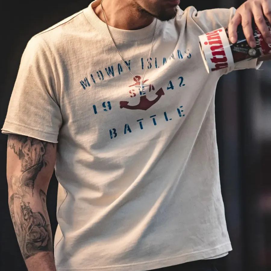 Maden Vintage Boat Anchor Printed Letter Round Neck Half Sleeve T-shirt