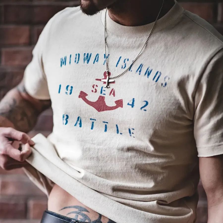 Maden Vintage Boat Anchor Printed Letter Round Neck Half Sleeve T-shirt