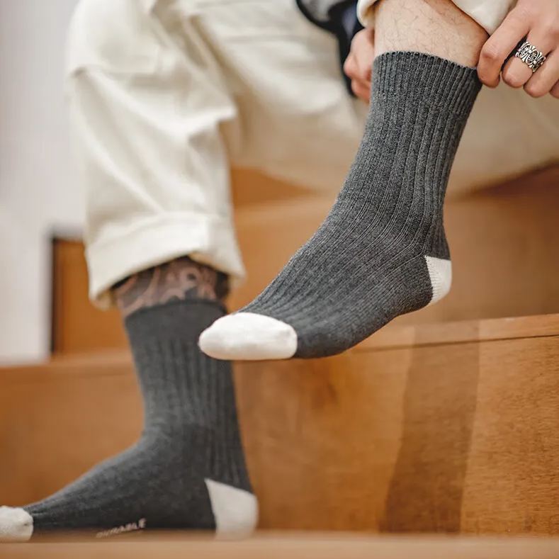 Maden casual contrasting floral yarn knitted mid length socks with three color pit stripe thick thread long socks