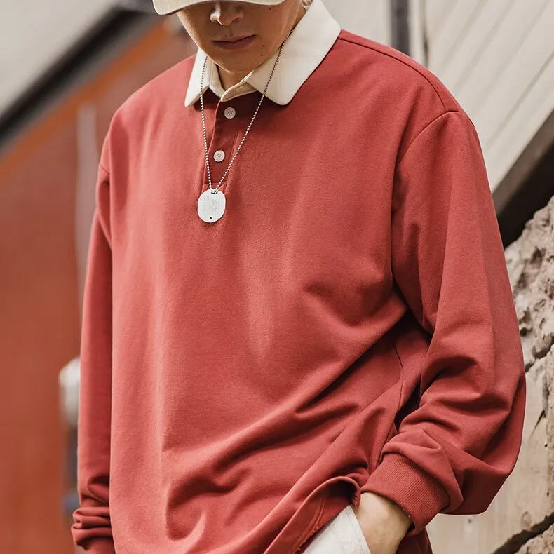 Maden Vintage Knitted Contrast Polo Sweatshirt with Academy Style Loose Polo Collar Long Sleeve T-shirt