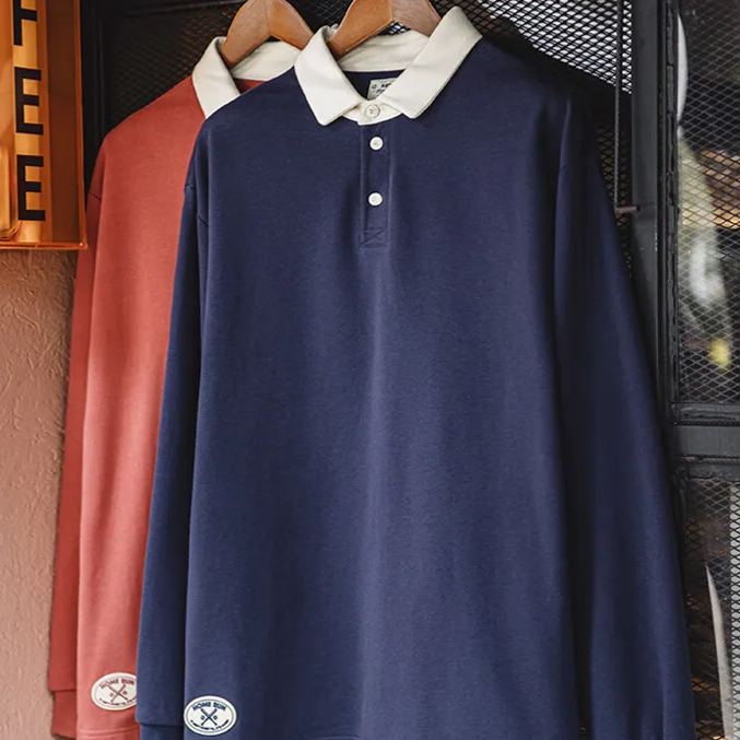 Maden Vintage Knitted Contrast Polo Sweatshirt with Academy Style Loose Polo Collar Long Sleeve T-shirt