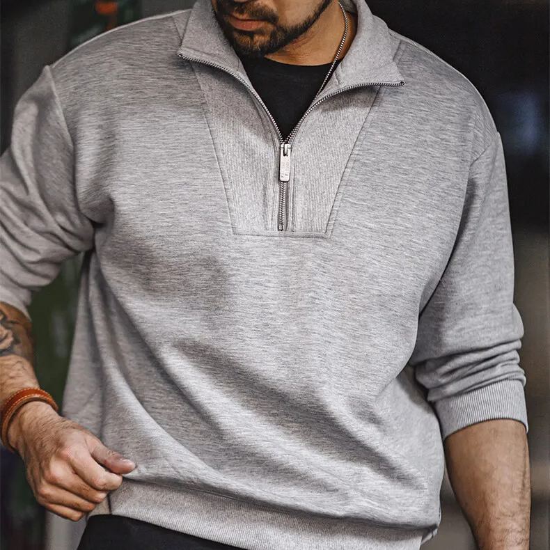 Maden Casual Air Layer Half Zipper Sweater Academy Style Grey Spliced Stand up Neck Top