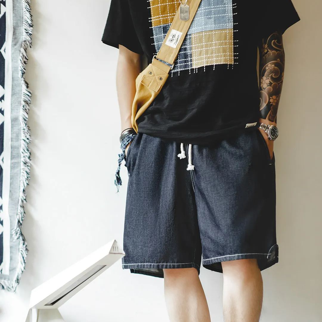 Maden casual ice leather denim shorts, denim cool cut cropped pants, loose fitting straight leg half pants