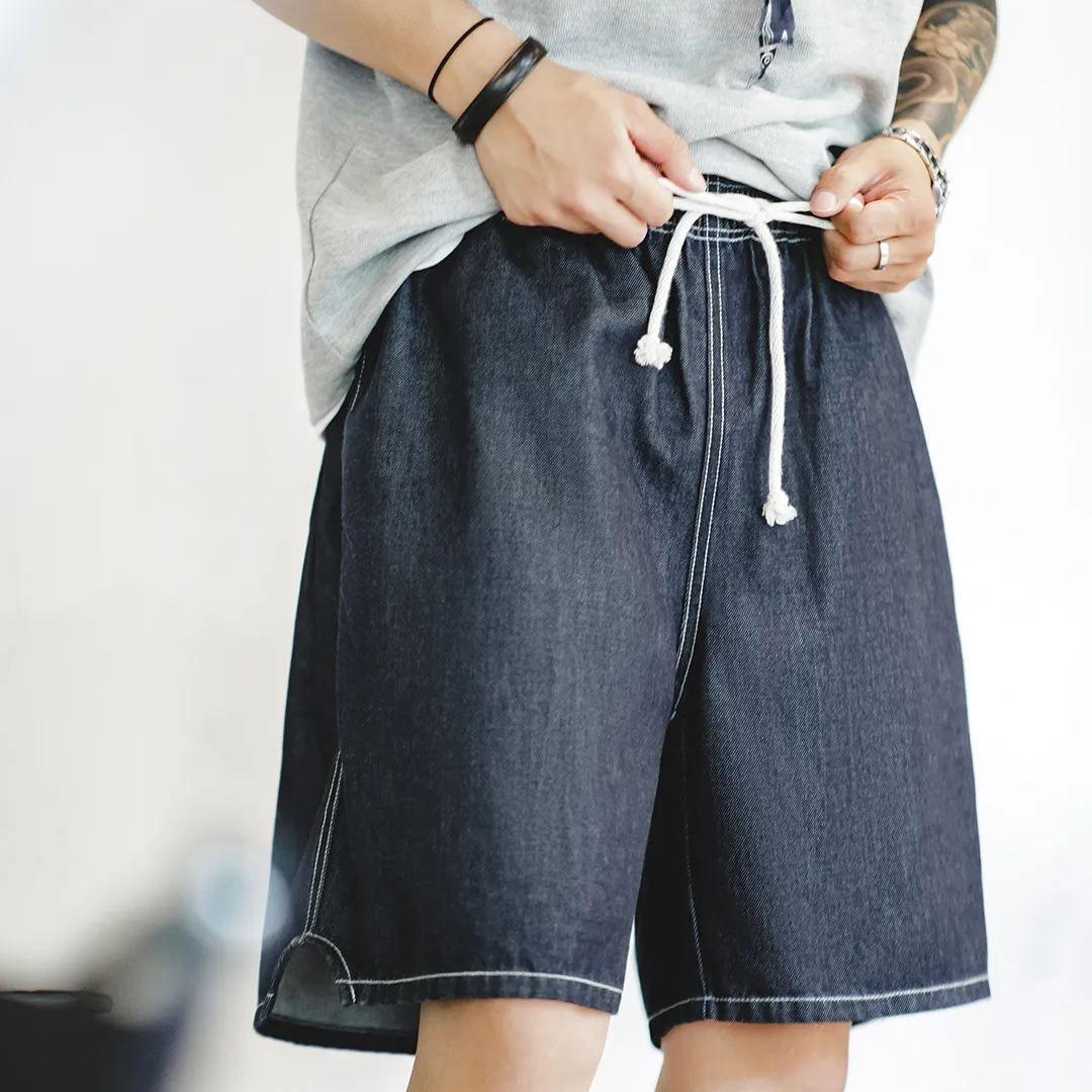 Maden casual ice leather denim shorts, denim cool cut cropped pants, loose fitting straight leg half pants