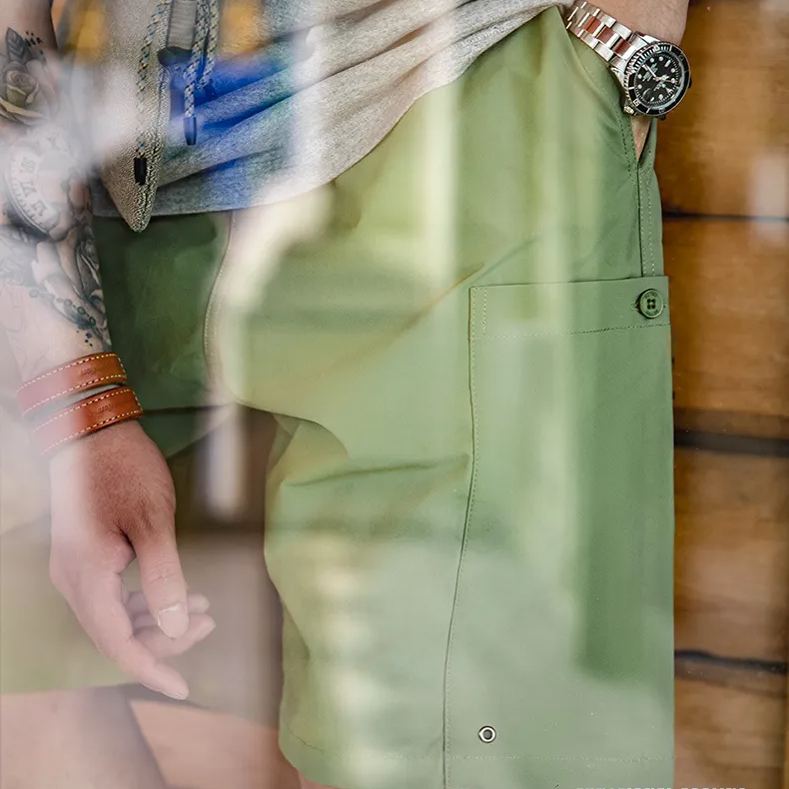 Maden style washed straight drawstring shorts with loose and cool feel, large pockets, functional casual pants