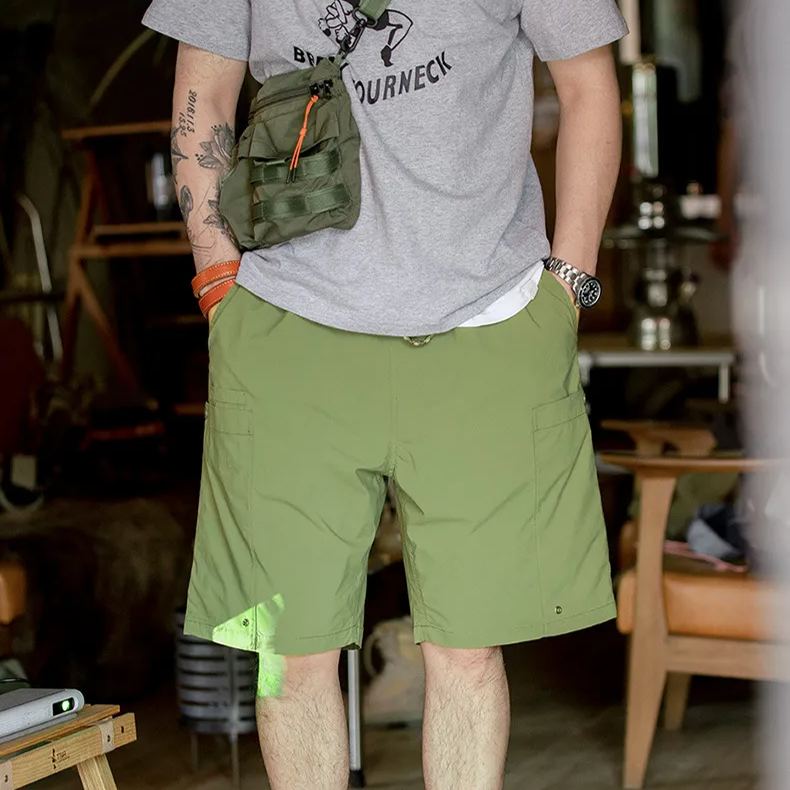 Maden style washed straight drawstring shorts with loose and cool feel, large pockets, functional casual pants