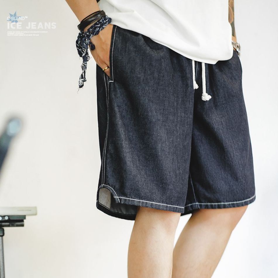 Maden casual ice leather denim shorts, denim cool cut cropped pants, loose fitting straight leg half pants