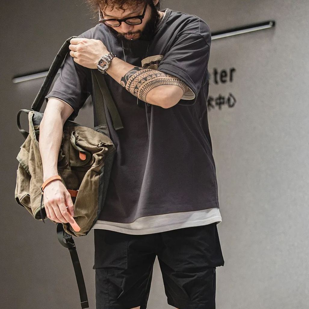 Maden casual outdoor functional style pure cotton pocket contrasting short sleeved T-shirt