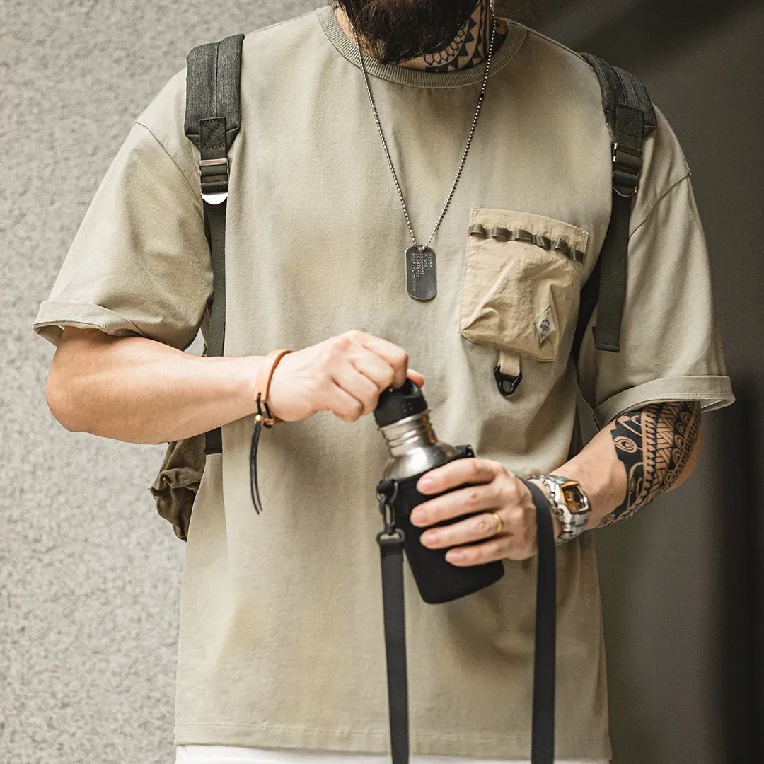 Maden casual outdoor functional style pure cotton pocket contrasting short sleeved T-shirt