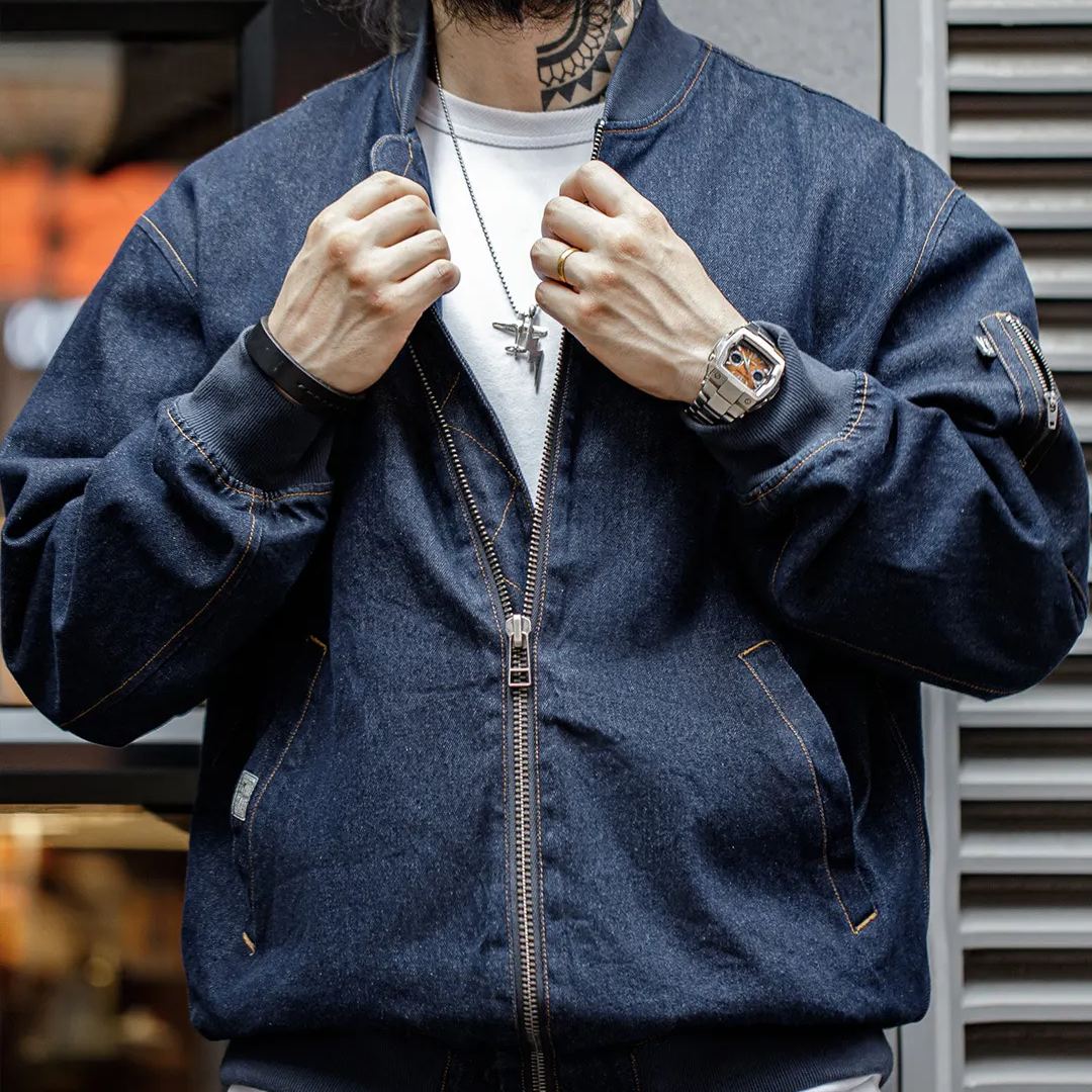 Maden Retro Denim MA1 Pilot Jacket Baseball Collar Amikaki Denim Coat
