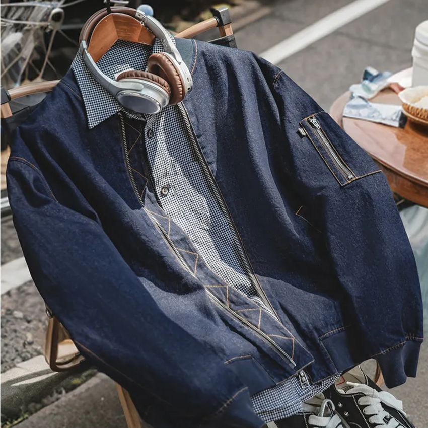 Maden Retro Denim MA1 Pilot Jacket Baseball Collar Amikaki Denim Coat