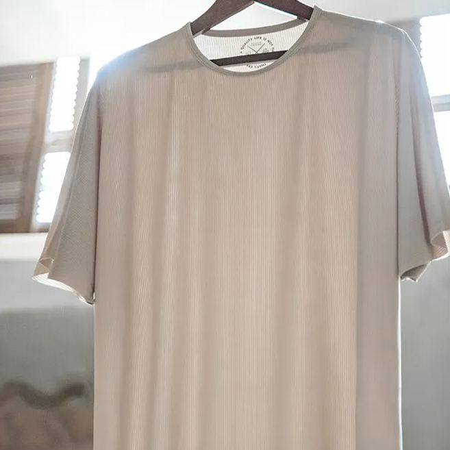 Maden Leisure Two Needle Technology Ice Thin Vertical Pattern Pit Stripe Breathable Loose T-shirt