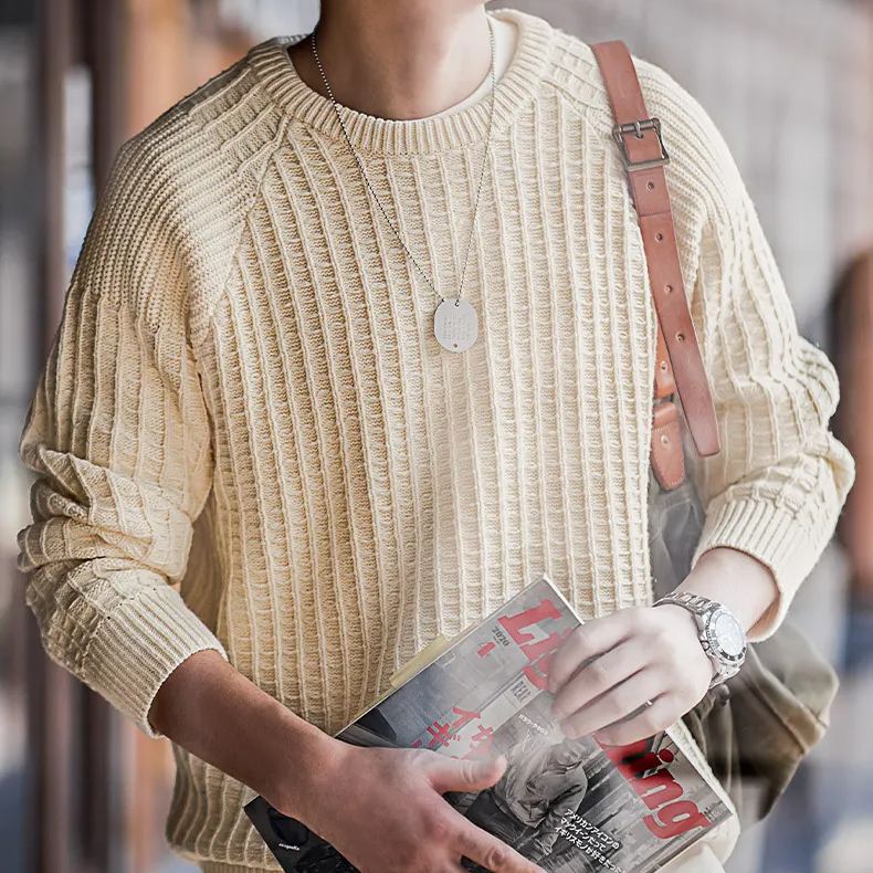 Maden Casual Waffle Round Neck Knit Warm Pullover with Underlay Sweater