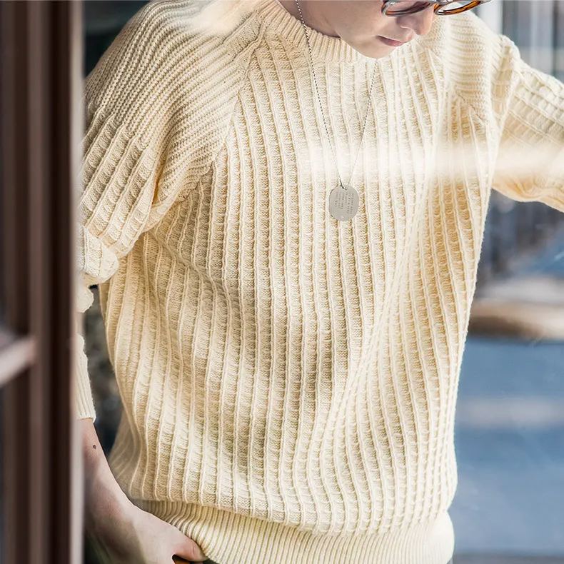 Maden Casual Waffle Round Neck Knit Warm Pullover with Underlay Sweater