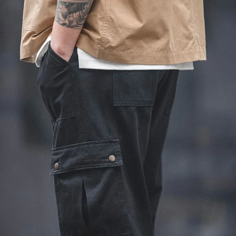 Maden retro black functional leggings with pockets, straight leg casual cropped lantern leggings