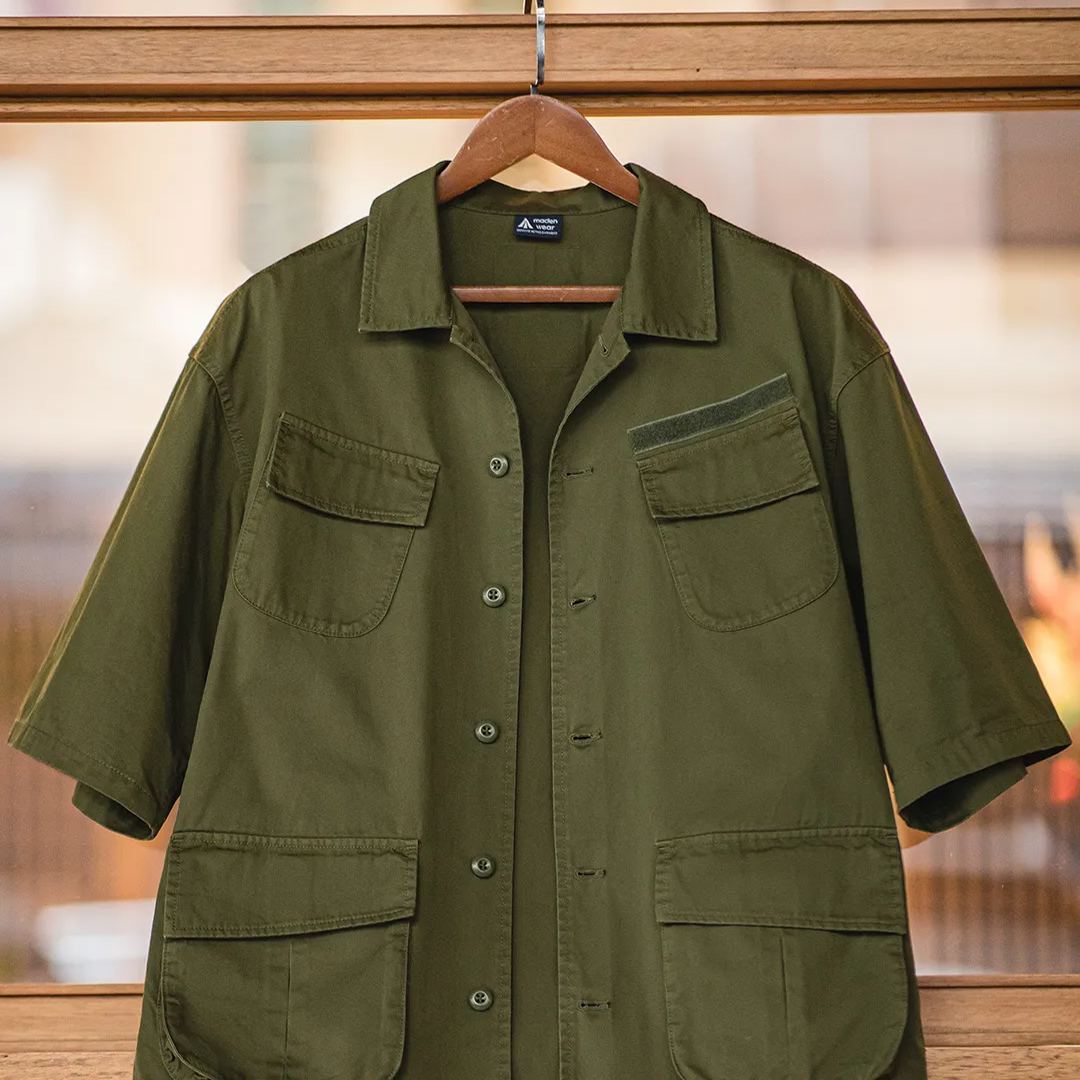 Maden Retro M42 Four Pocket Short sleeved Shirt Military Style Loose Silhouette Flip Collar Shirt