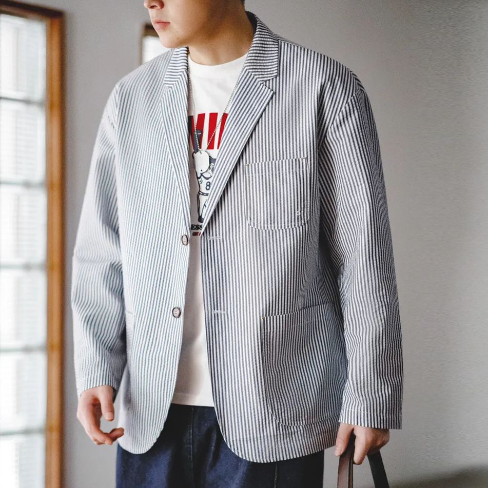 Maden bubble stripe flat collar loose and handsome casual fashion trendy suit