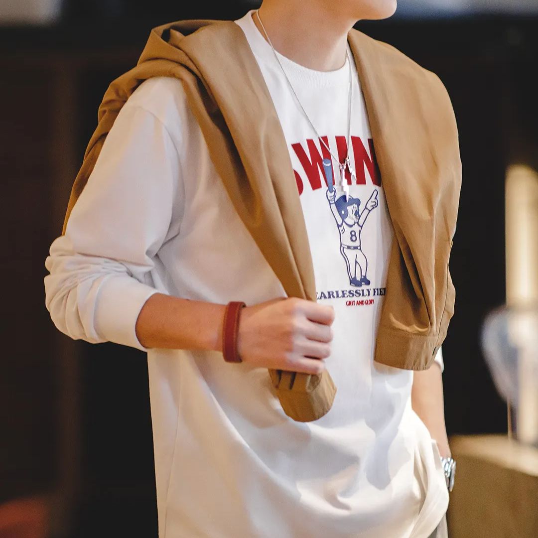 Maden Vintage Letter Baseball Print Long sleeved Round Neck with Pure Cotton Underlay