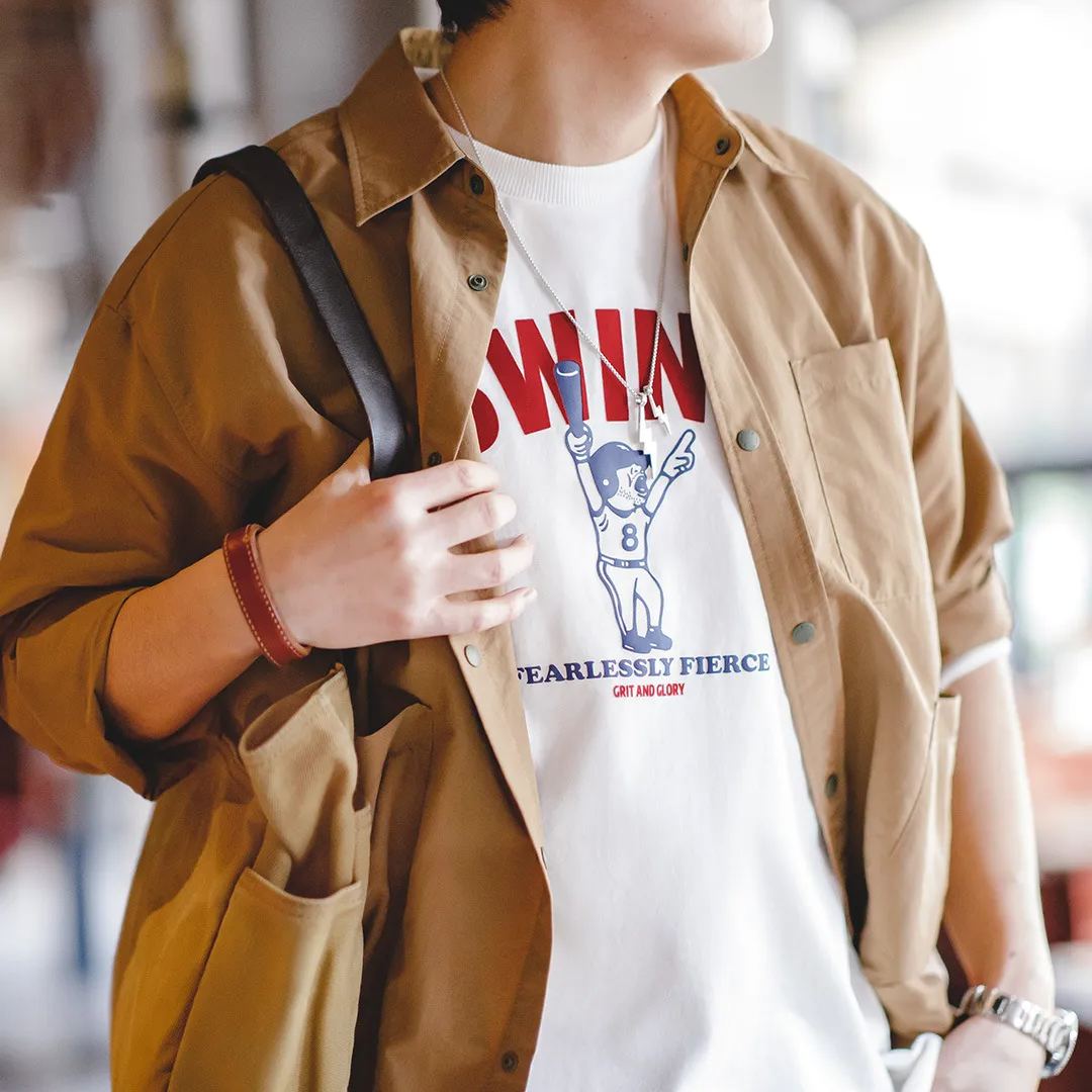 Maden Vintage Letter Baseball Print Long sleeved Round Neck with Pure Cotton Underlay