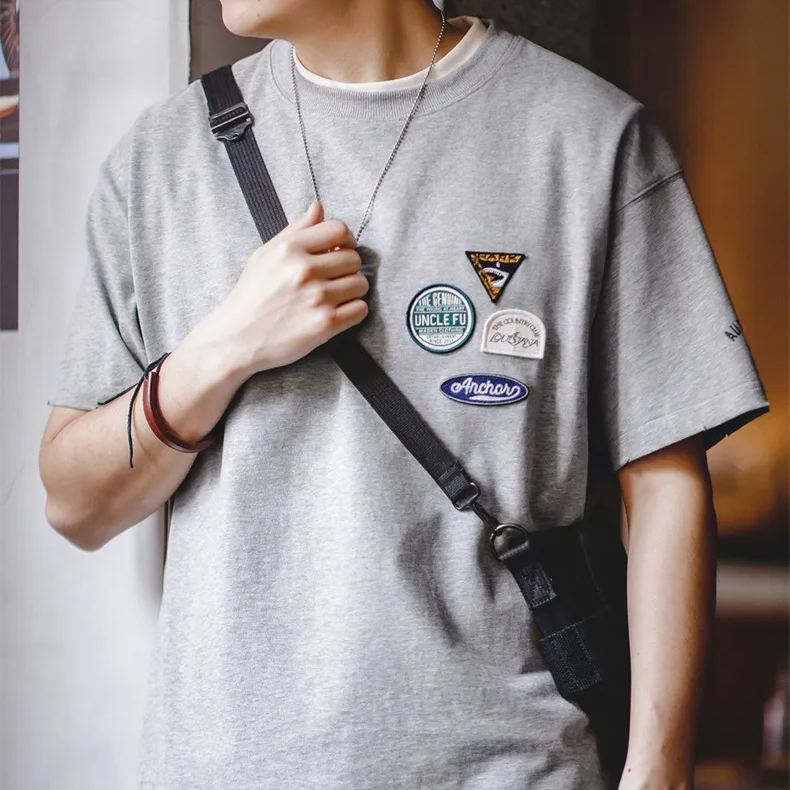 Maden casual embroidered badge design with pure cotton round neck and quarter sleeves Tee