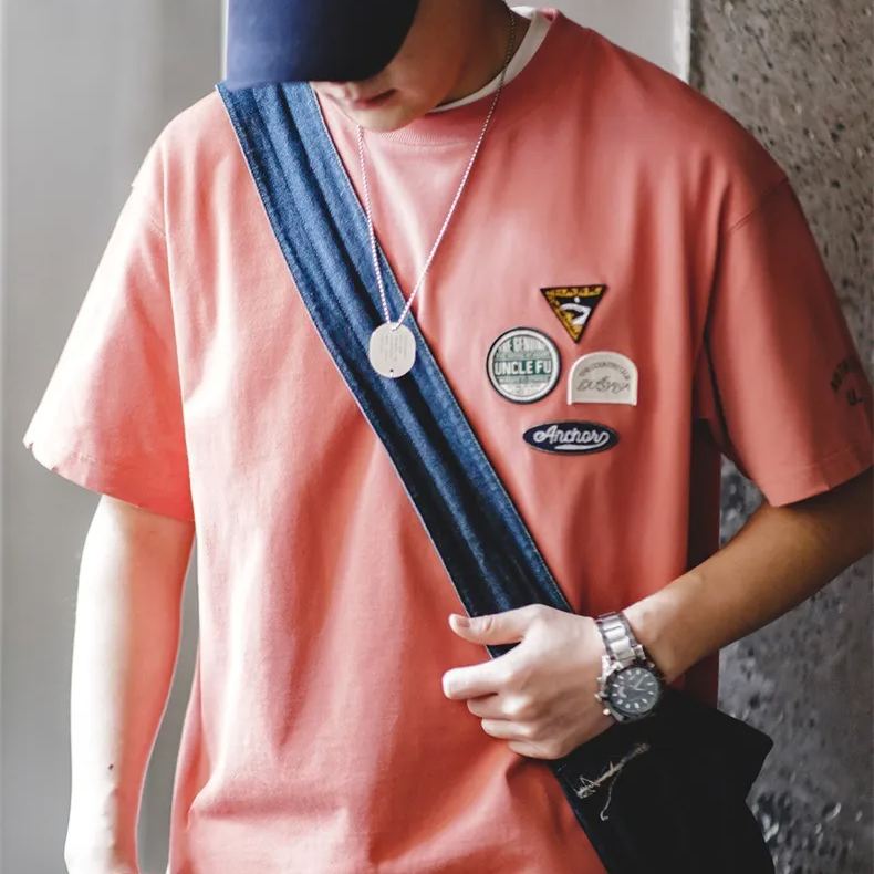 Maden casual embroidered badge design with pure cotton round neck and quarter sleeves Tee