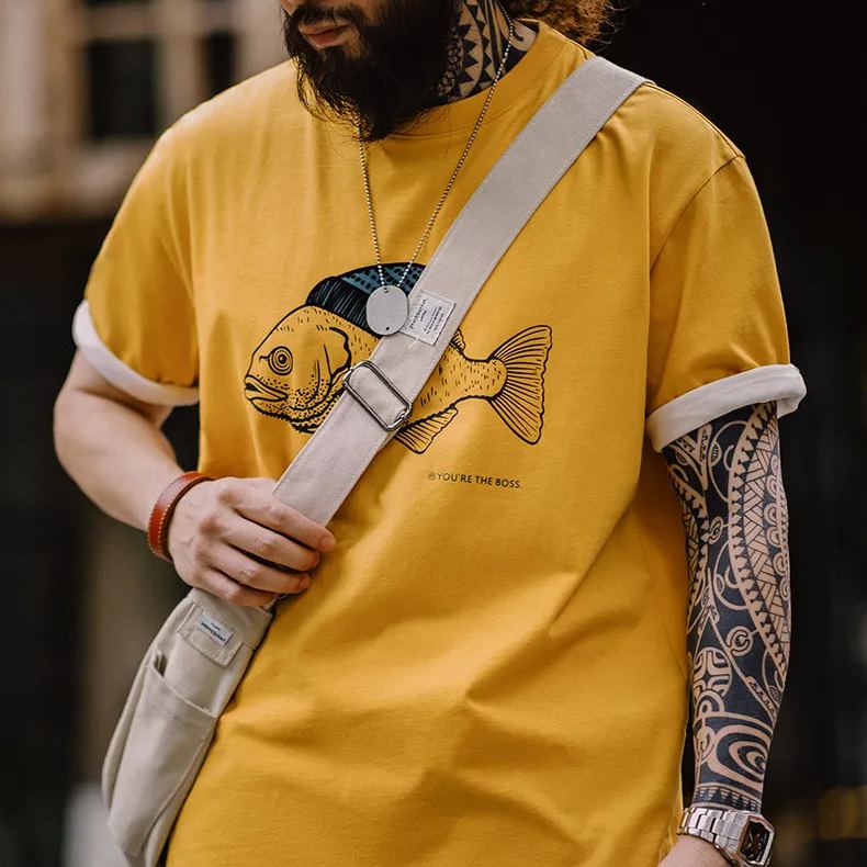 Maden Vintage deep-sea fish flocking printed T-shirt animal pure cotton round neck short sleeved T-shirt