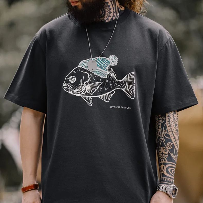 Maden Vintage deep-sea fish flocking printed T-shirt animal pure cotton round neck short sleeved T-shirt