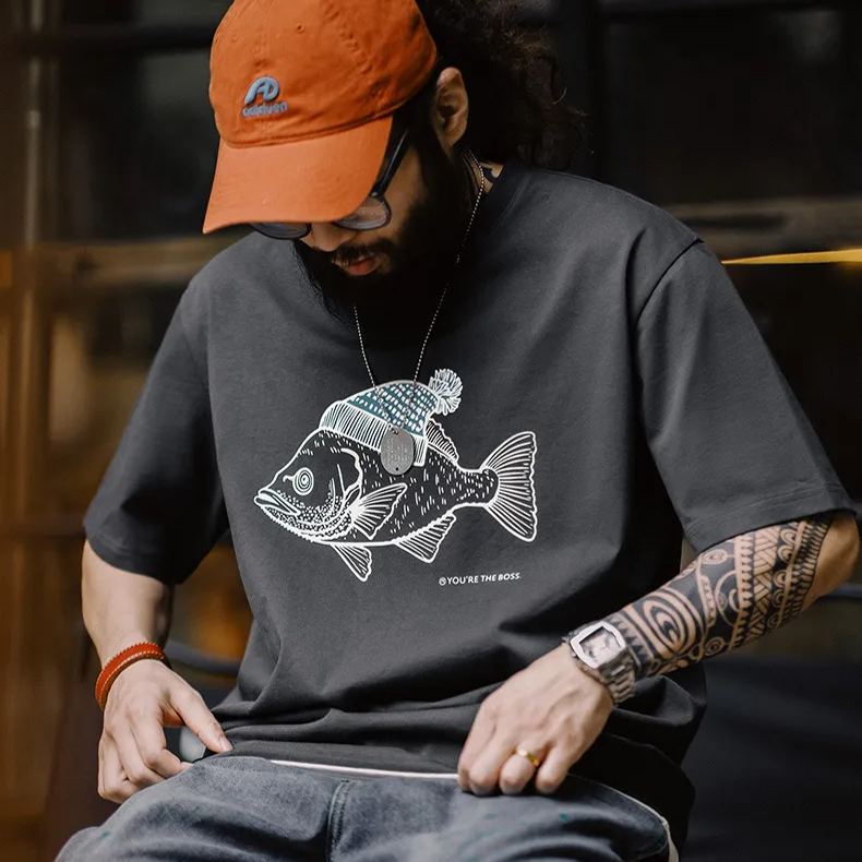 Maden Vintage deep-sea fish flocking printed T-shirt animal pure cotton round neck short sleeved T-shirt