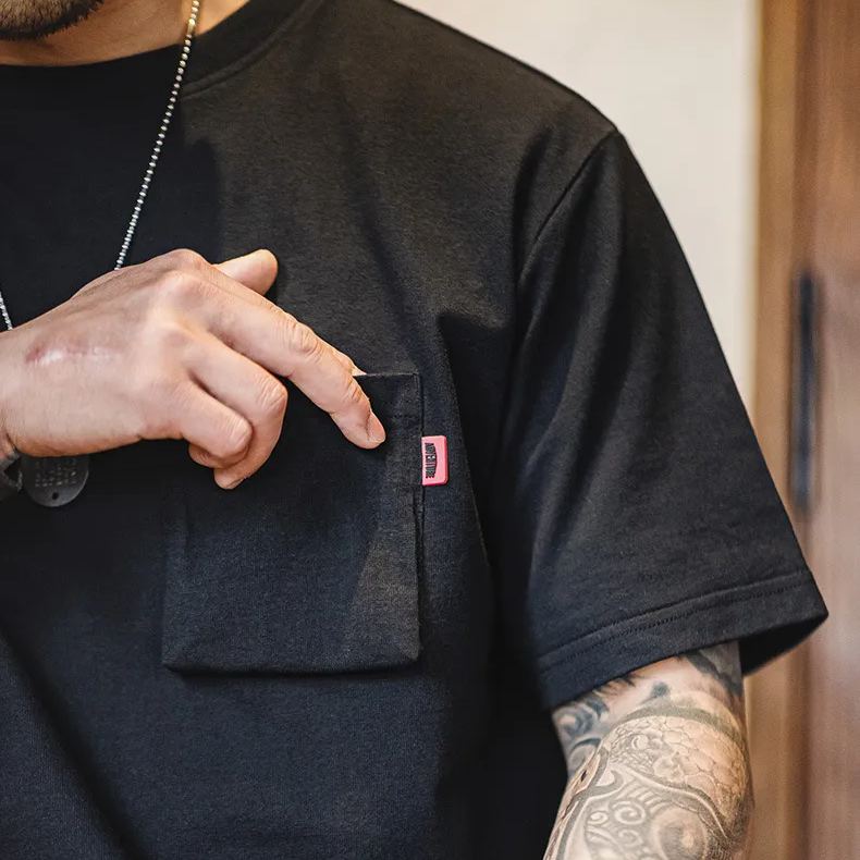 Maden retro fun letter printed short sleeved T-shirt with contrasting knitted round neck base