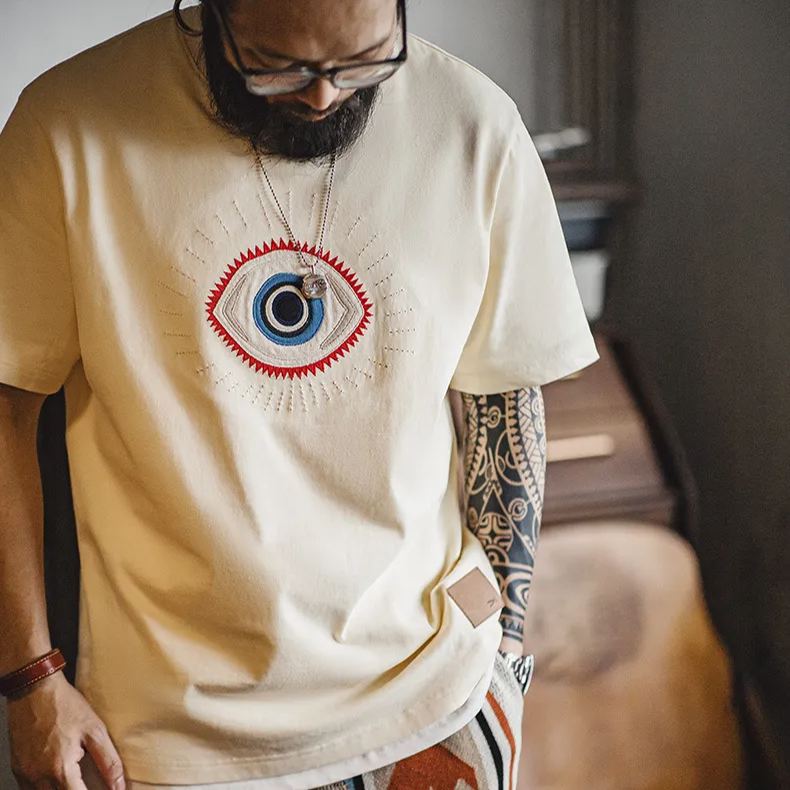 Maden Vintage Guardian Eye Embroidered T-shirt Off White Heavyweight Cotton Short Sleeved T-shirt
