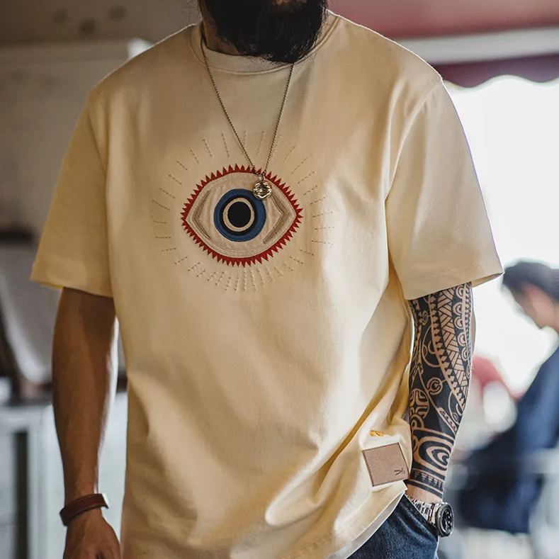 Maden Vintage Guardian Eye Embroidered T-shirt Off White Heavyweight Cotton Short Sleeved T-shirt